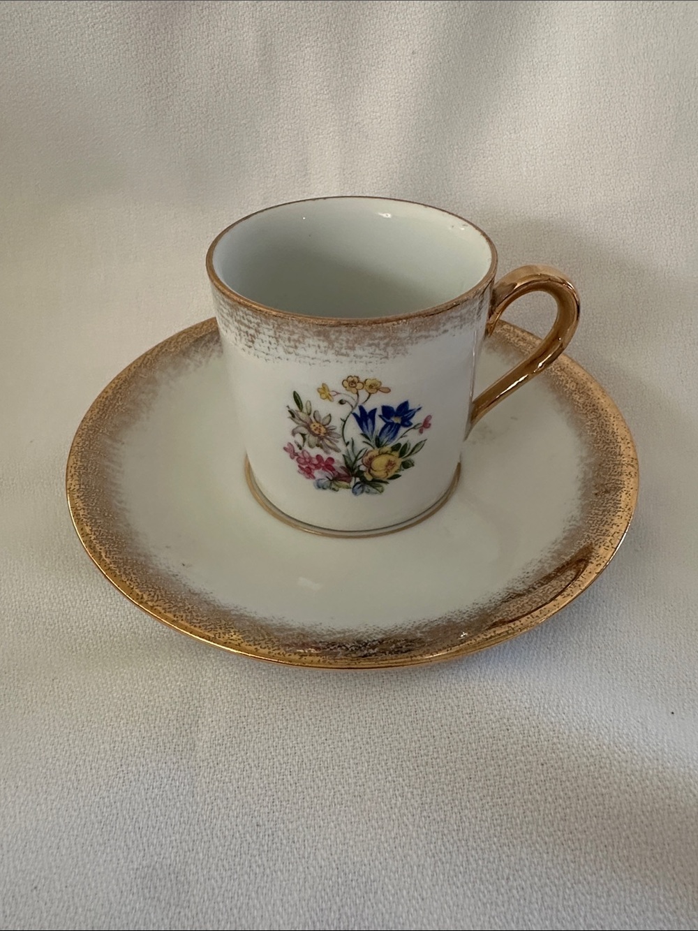 Floral Porcelain Demitasse Cup and Saucer with Gold Trim